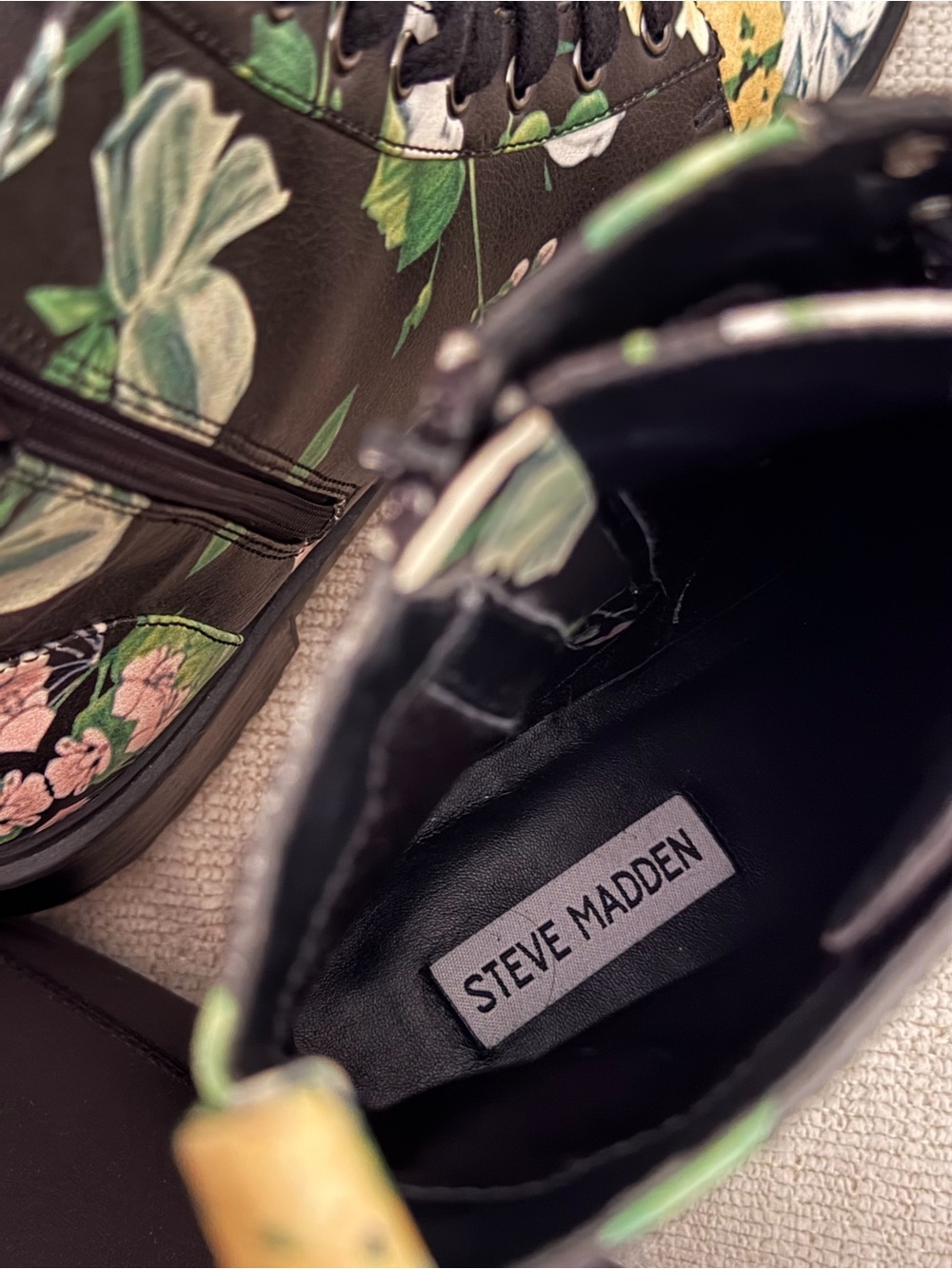 Steve Madden Black Floral Combat Boots with Green, Yellow & Pink Accents - Picture 7 of 7
